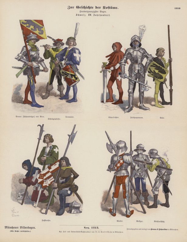 Švýcarské vojenské kostýmy z 15. století (barevná rytina) od German School