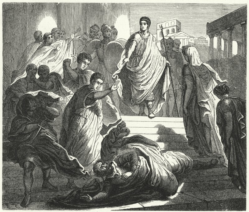 Tarquinius Superbus zavraždil svého tchána Servia Tulluse, aby si nárokoval římský trůn (rytina) od German School