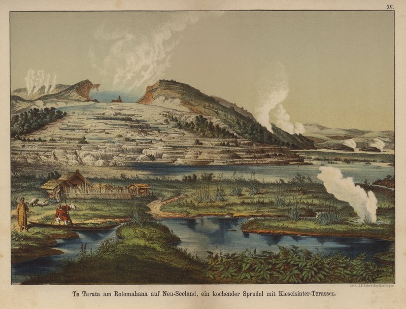Te Tarata (Bílá terasa), geotermální křemičitá sintrová ložiska na břehu jezera Rotomahana, Nový Zéland (barevné lito) od German School