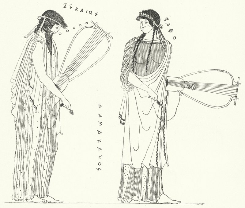 Starověký řecký básník Alcaeus a jeho milenka Sapfó (rytina) od German School