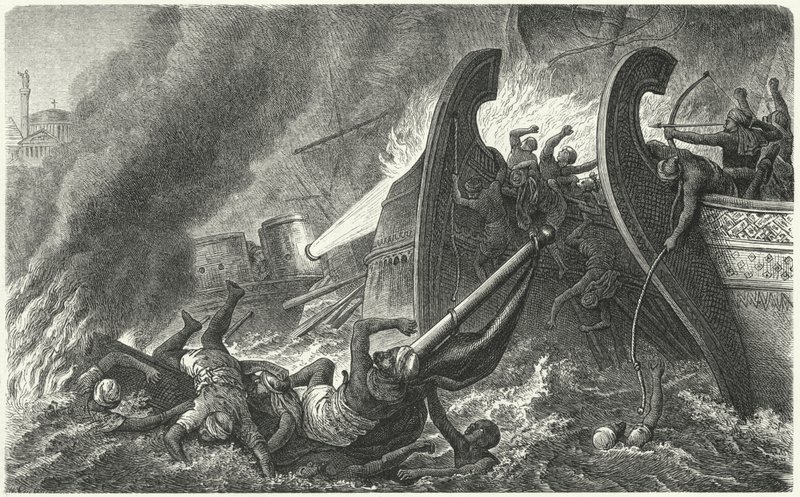 Byzantinci používající řeckou palbu proti útočící arabské flotile (rytina) od German School