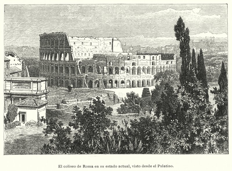 Koloseum, Řím, při pohledu z Palatine Hill (litho) od German School