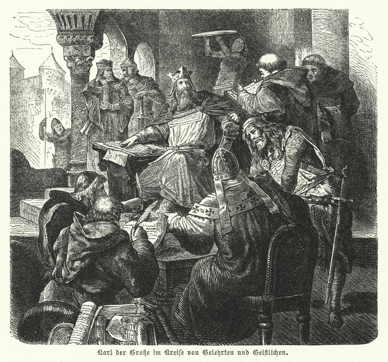 Císař Karel Veliký obklopený učenci a členy kléru (rytina) od German School