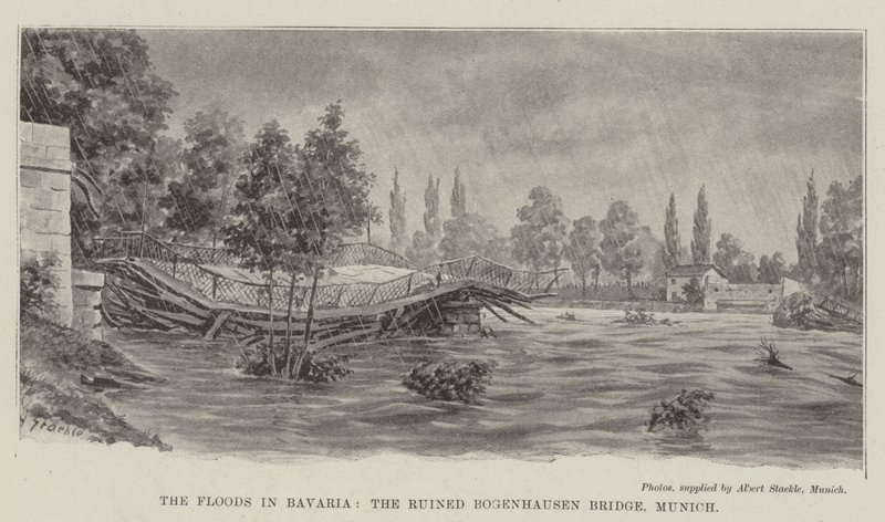 Povodně v Bavorsku, zničený most Bogenhausen, Mnichov (litho) od German School