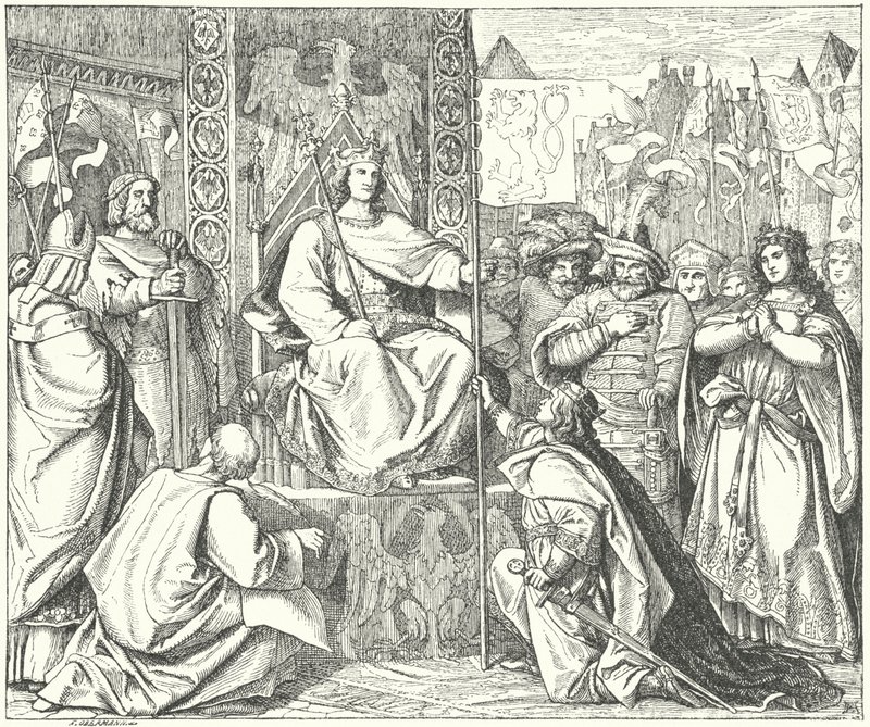 Císař Svaté říše římské Jindřich VII. připomíná svého syna Jana Českého (rytina) od German School