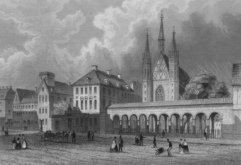 Klosterkirche a Klosterstrasse, Berlín (ocelová rytina) od German School