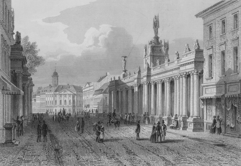 Koenigsbruecke a část Alexanderplatz, Berlín (ocelová rytina) od German School