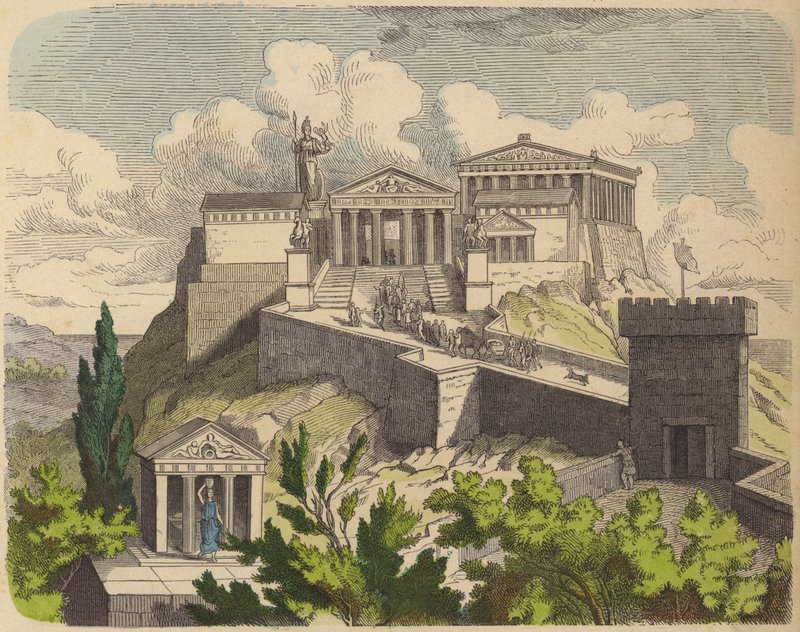 Parthenon na Akropoli, Atény (barevná rytina) od German School