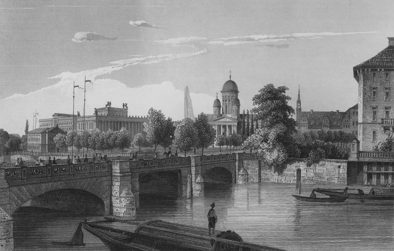 Schlossbruecke, Berlín (ocelová rytina) od German School