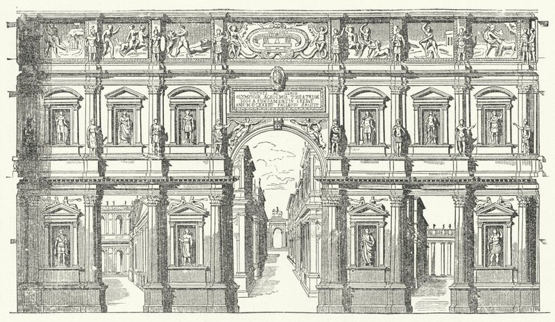 Teatro Olimpico ("Olympijské divadlo") ve Vicenze v severní Itálii (rytina) od German School