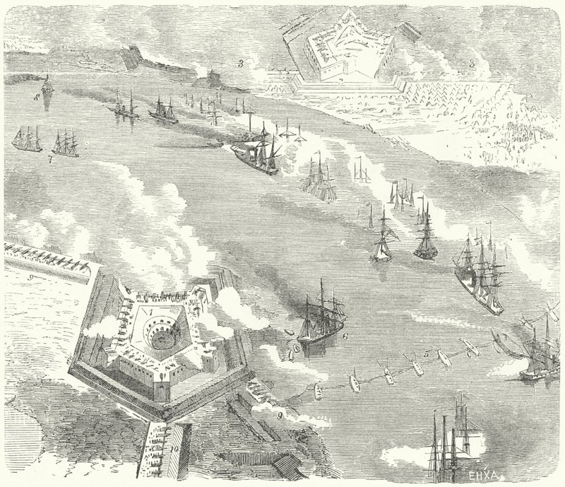 Flotila Unie útočící na Fort Jackson a Fort St Philip, Louisiana, Americká občanská válka, 1862 od German School