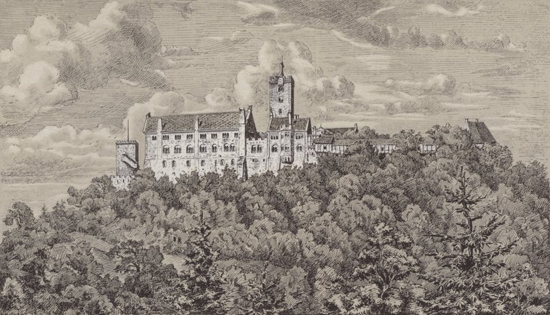 Wartburg, hrad s výhledem na město Eisenach, Durynsko, Německo (litho) od German School