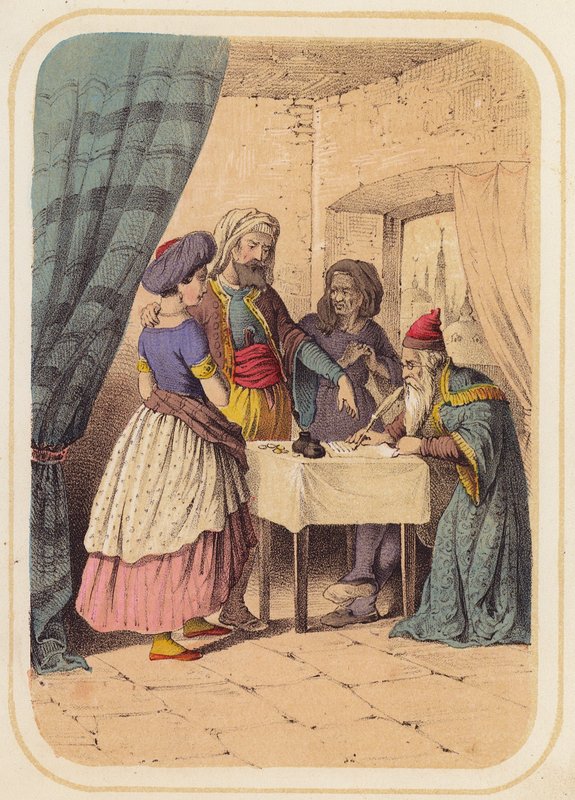 Bandita, Albondokani, ve scéně z Tisíc a jedné noci (barevné litho) od German School