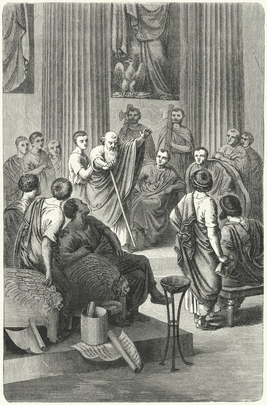Slepý Appius Claudius Caecus hovořící v římském senátu proti Cineovi, vyslanci Pyrrha z Epiris, 279 př. n. l. (rytina) od German School