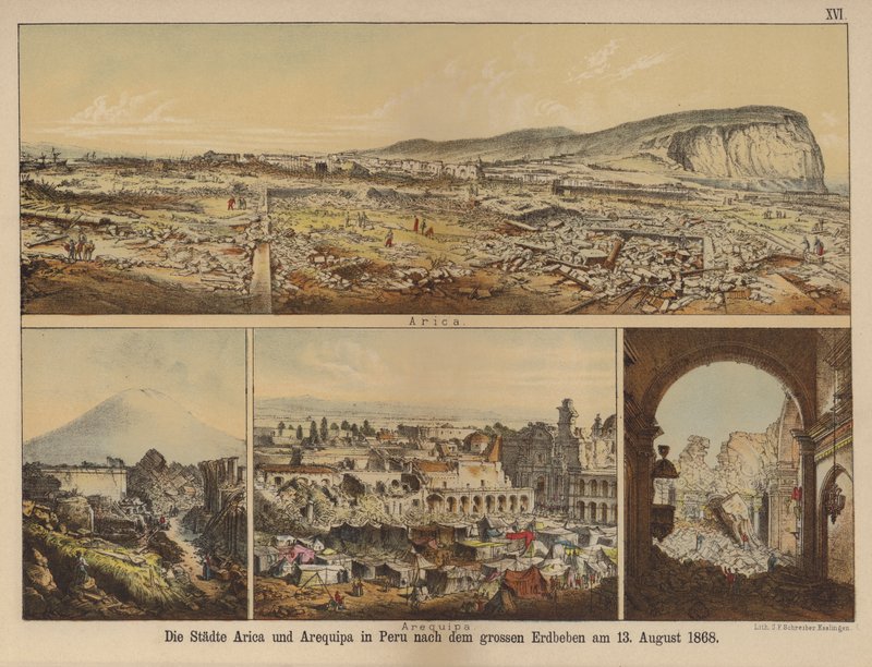 Města Arica a Arequipa v Peru po velkém zemětřesení 13. srpna 1868 (barva litho) od German School