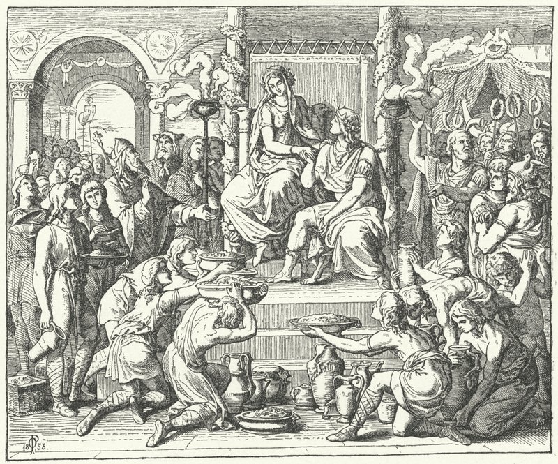 Sňatek Ataulfa, krále Vizigótů, a Gally Placidie, dcery římského císaře Theodosia I., 414 (rytina) od German School