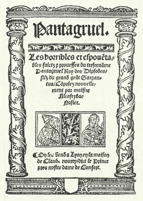 Titulní strana z nejstaršího známého vydání Pantagruela, románu Francoise Rabelaise (rytina) od German School