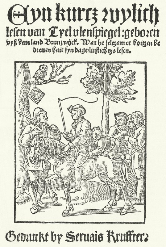 Titulní strana nejstaršího známého dolnoněmeckého vydání Till Eulenspiegel, tiskl Servais Kruffter (rytina) od German School