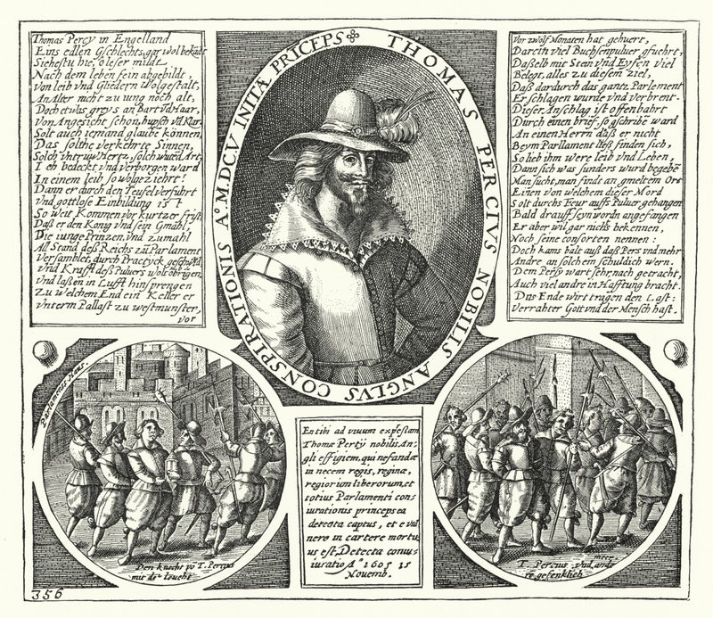 Thomas Percy, jeden ze spiklenců za spiknutí střelného prachu (rytina) od German School