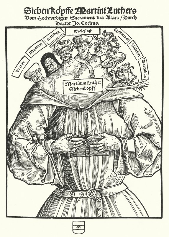 Titulní strana brožury Sedm hlav Martina Luthera od Johannese Cochlaea od German School