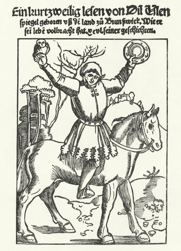Till Eulenspiegel zobrazený se sovou a zrcadlem (rytina) od German School
