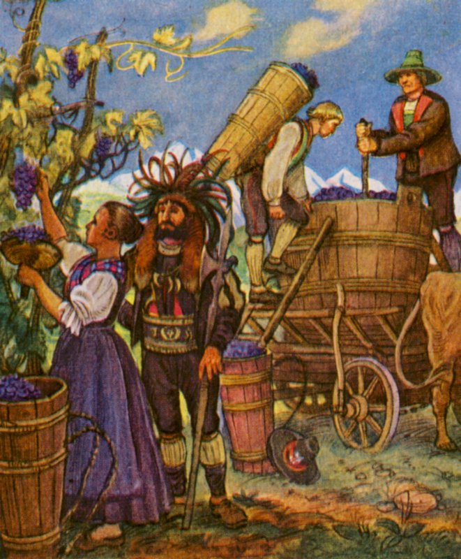 Tiroler Weinlese / Tyrolské vinobraní (barevná litografie) od German School