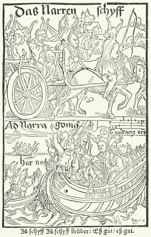 Titulní list z prvního vydání Lodi bláznů Sebastiana Branta, vytištěného Johannem Bergmannem von Olpe v Basileji v roce 1491 (rytina) od German School