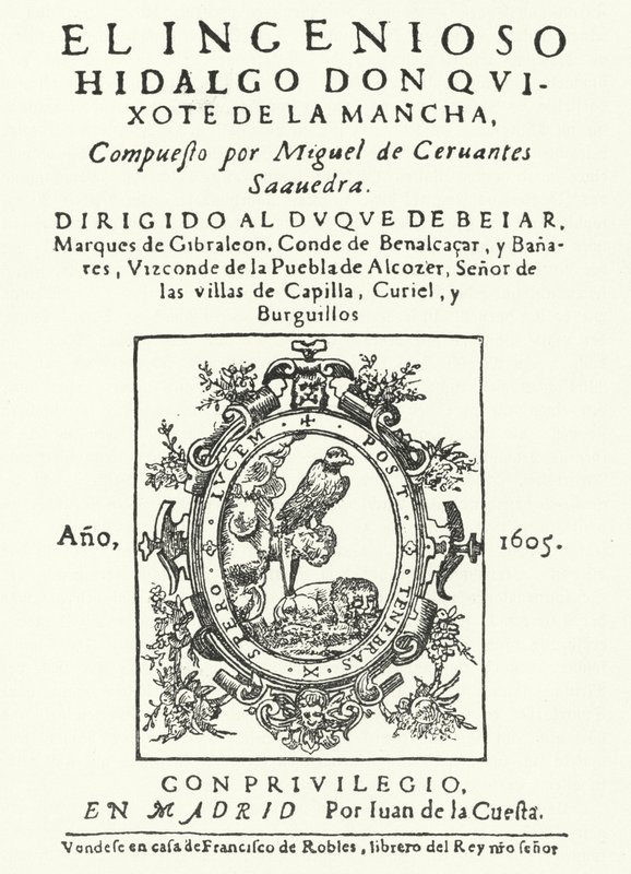 Titulní strana z prvního vydání románu Don Quijote od Miguela de Cervantese (rytina) od German School
