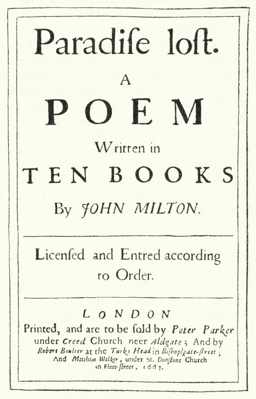Titulní list z původního vydání Ztracený ráj od anglického básníka Johna Miltona, vydaného v roce 1667 (rytina) od German School