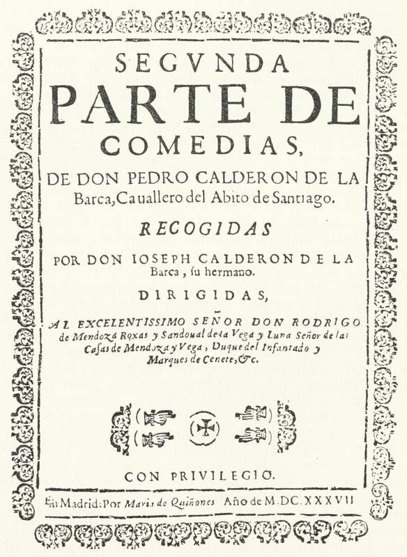 Titulní strana z druhého ze čtyř svazků Comedias of Calderon, vydané v roce 1637 (rytina) od German School