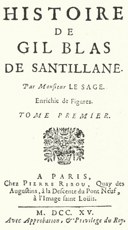 Titulní strana prvního vydání Gil Blas od francouzského romanopisce a dramatika Alaina-Rene Lesage, vydaného v roce 1715 (rytina) od German School