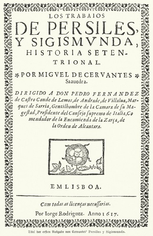 Titulní strana prvního vydání španělského romanopisce Miguela de Cervantese The Works of Persiles and Sigismund (The Works of Persiles and Sigismund) od German School