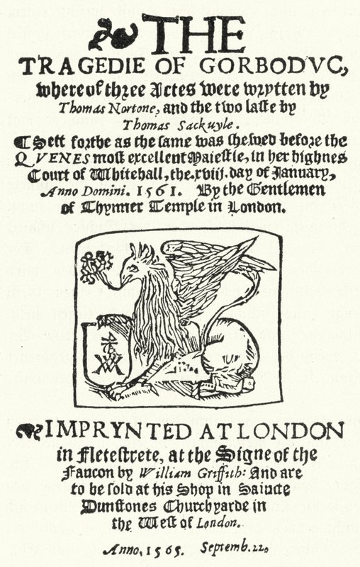 Titulní strana prvního vydání Tragédie Gorboduc (1565), Thomas Norton a Thomas Sackville (rytina) od German School