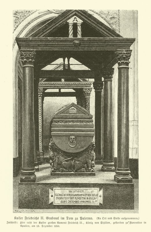 Hrob Fridricha II., císaře Svaté říše římské, v katedrále Palermo, Sicílie (rytina) od German School