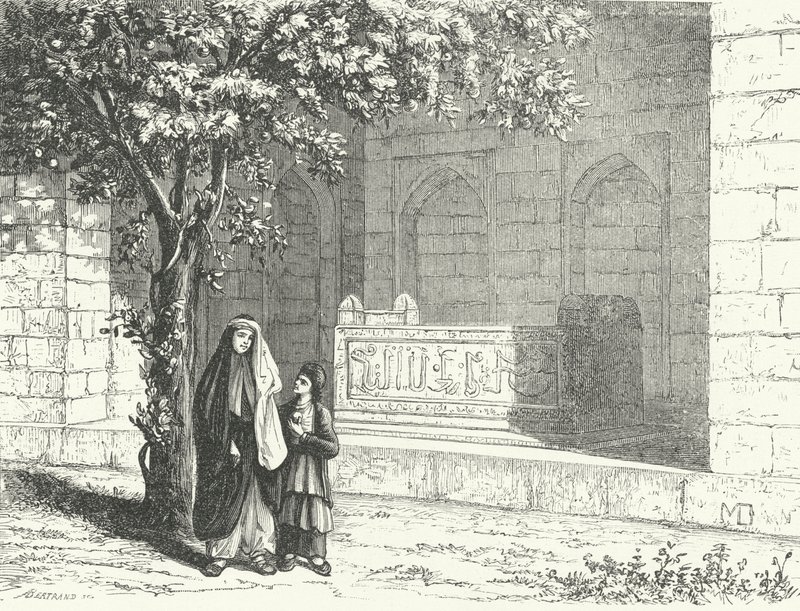 Hrob perského básníka Saadiho v íránském městě Shiraz (rytina) od German School