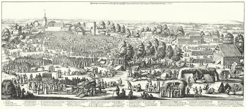 Cestovatelé navštěvující léčivé prameny ve vesnici Hornhausen, 1646 (rytina) od German School
