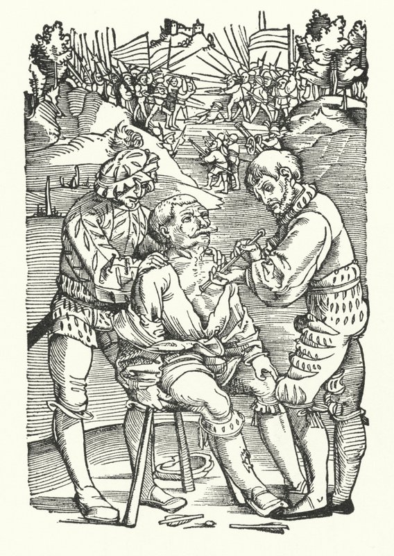 Ošetření zraněného vojáka na bojišti (rytina) od German School