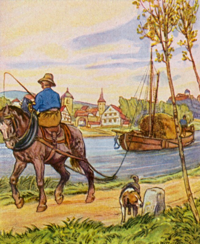 Treidelschiff / Vlečný člun (barevná litografie) od German School