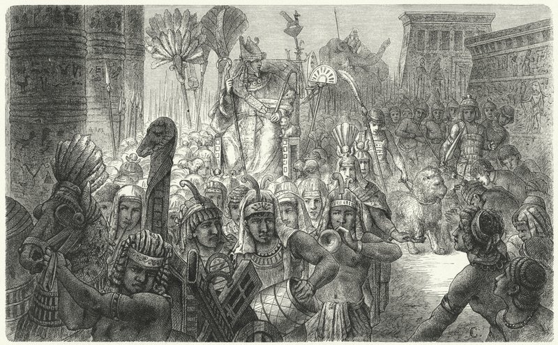 Triumfální průvod starověkého egyptského faraona (rytina) od German School