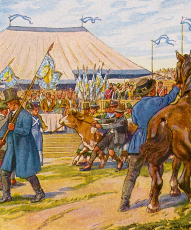 Viehpreisverteilung / Rozdělení cen hospodářských zvířat (barevná litografie) od German School