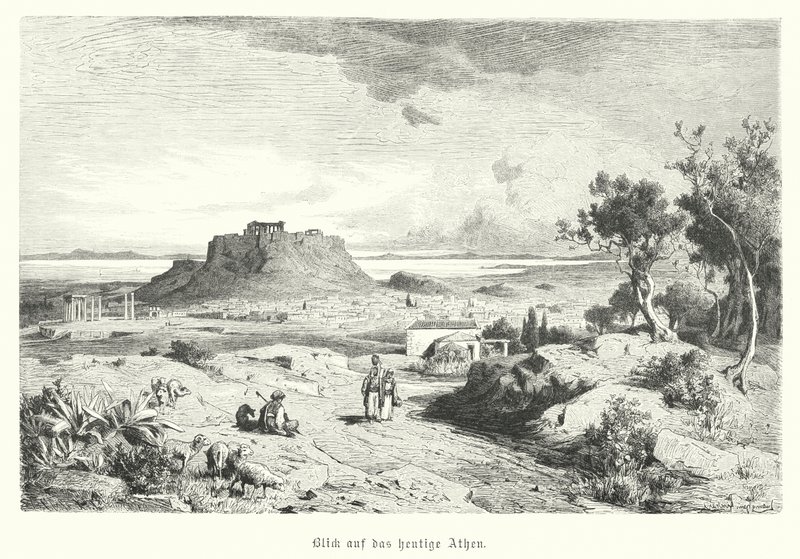 Pohled na Atény, Řecko, konec 19. století (rytina) od German School