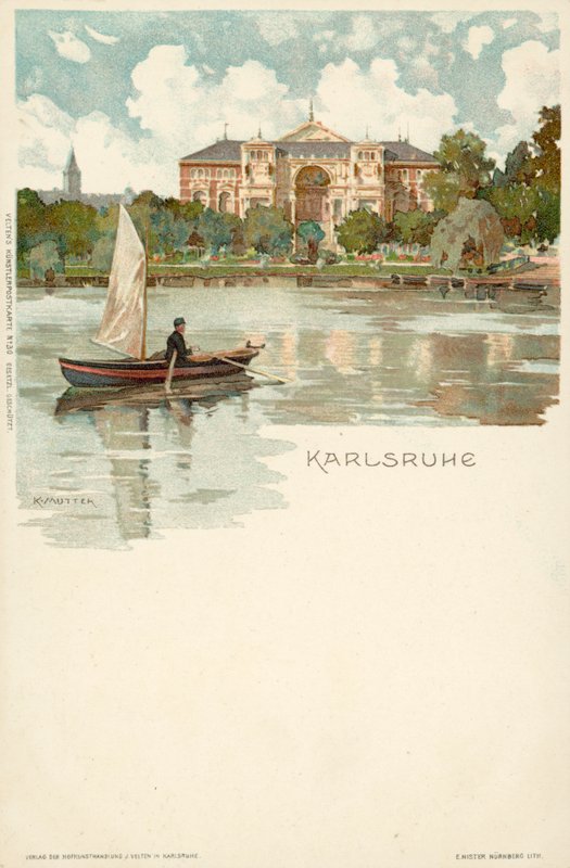 Pohled na město Karlsruhe v Německu (chromolitho) od German School