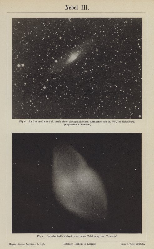 Pohledy na mlhovinu Andromeda a mlhovinu Činka (rytina) od German School