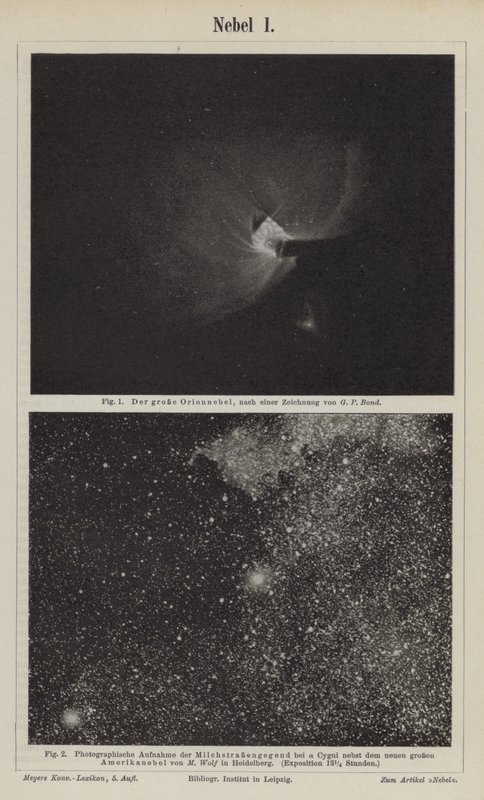 Pohledy na mlhovinu v Orionu a Mléčnou dráhu v oblasti Deneb (rytina) od German School