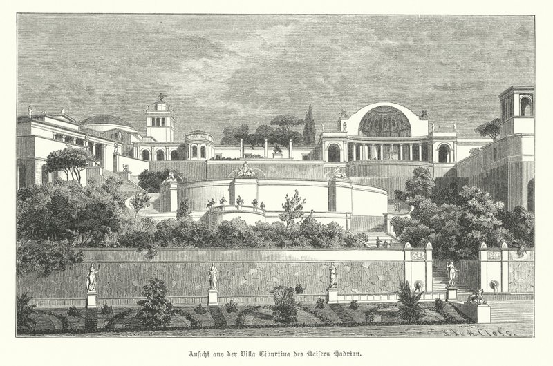 Vila římského císaře Hadriána v Tivoli, Itálie (rytina) od German School
