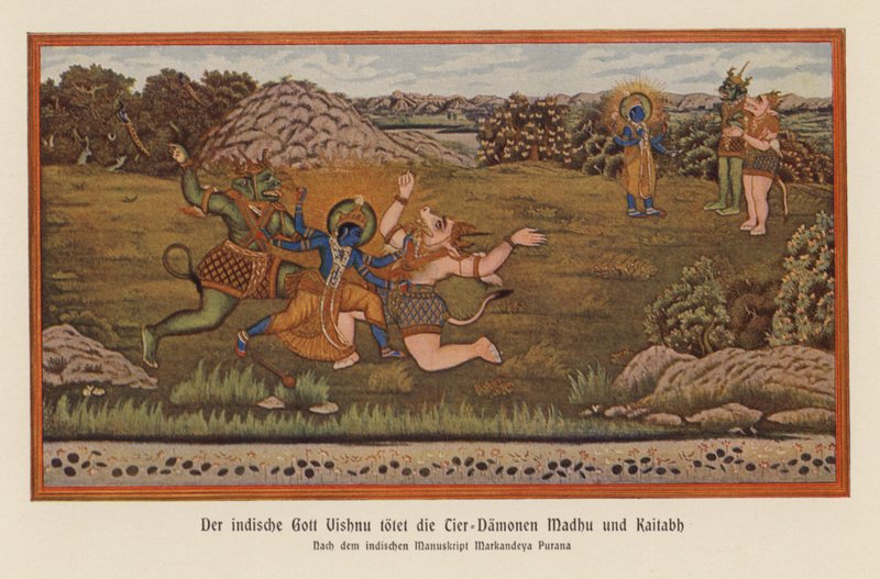 Višnu zabíjí démony Madhu a Kaitabu (barevná litografie) od German School