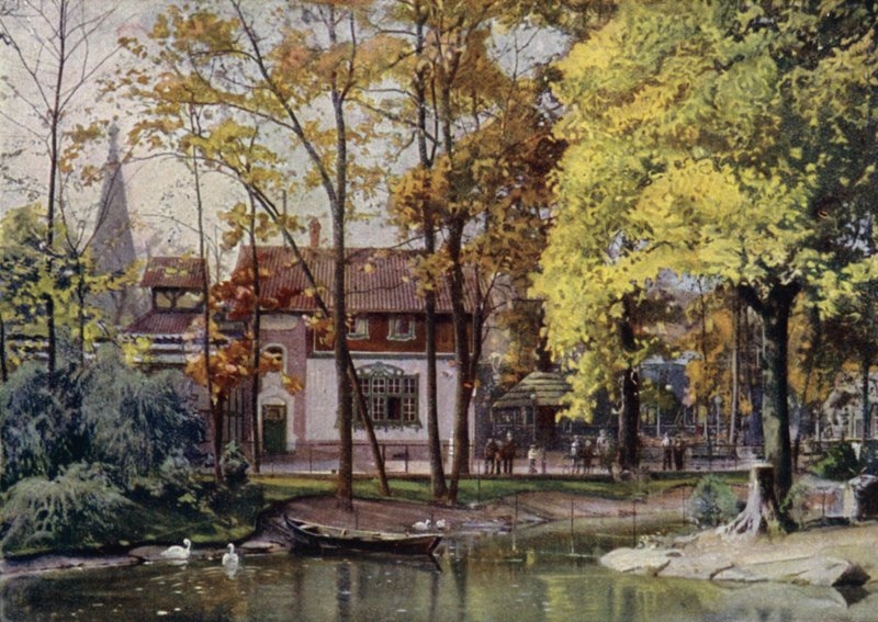 Waldschanke restaurant, Berlínská zoologická zahrada, Německo (barevné lito) od German School