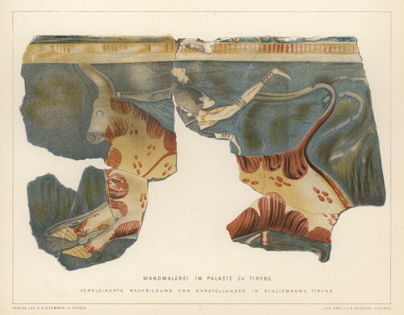 Nástěnná malba z mykénského paláce v Tiryns, Řecko, vykopaná německým archeologem Heinrichem Schliemannem (barevné lito) od German School