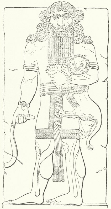 Nástěnný reliéf Gilgameše z ruin Dur-Sharrukin, hlavního města Asyřanů v době krále Sargona II (rytina) od German School