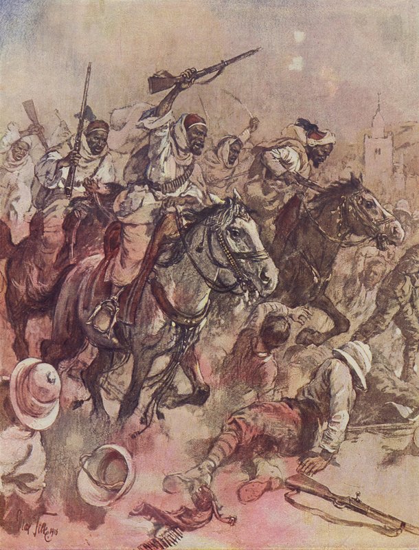 Bojovníci šejka Senussiho vyhánějící Brity z Matruhu, východně od Sollumu, Egypt od German School